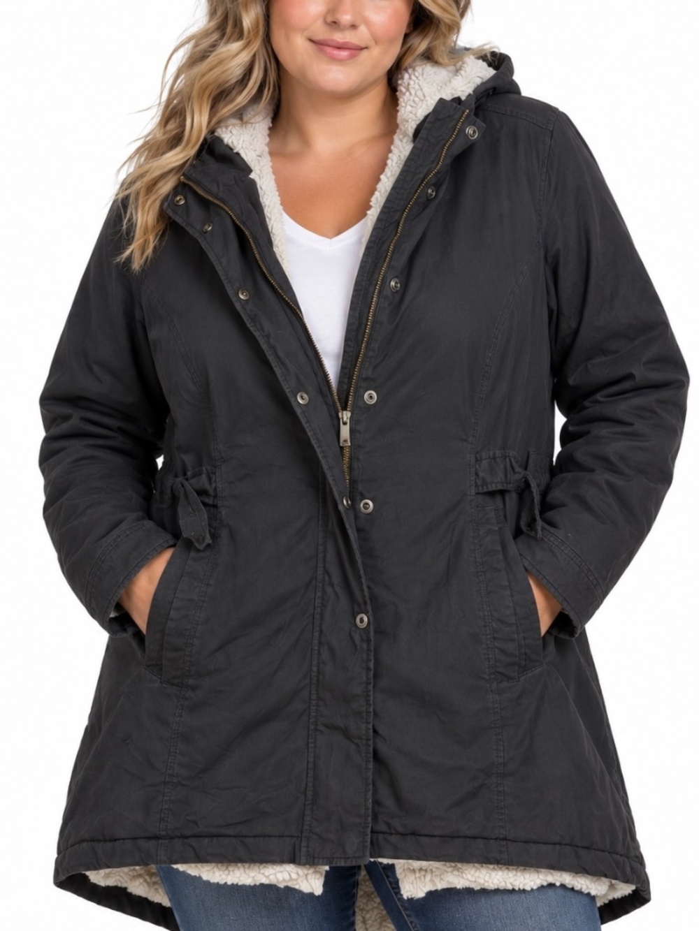 Denver Hayes Hooded Winter Coat Womens Size XL Black Sherpa Lined Hip length